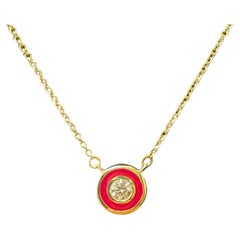 Runde Halskette aus 14 Karat Gelbgold und roter Emaille mit Diamanten