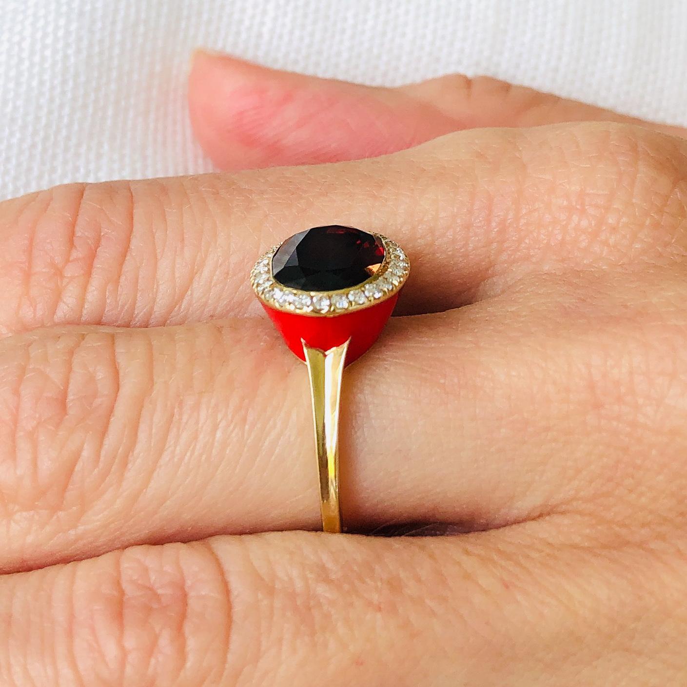 Oval Cut 14 Karat Yellow Gold Red Enamel, Garnet and Diamond Cocktail Ring For Sale