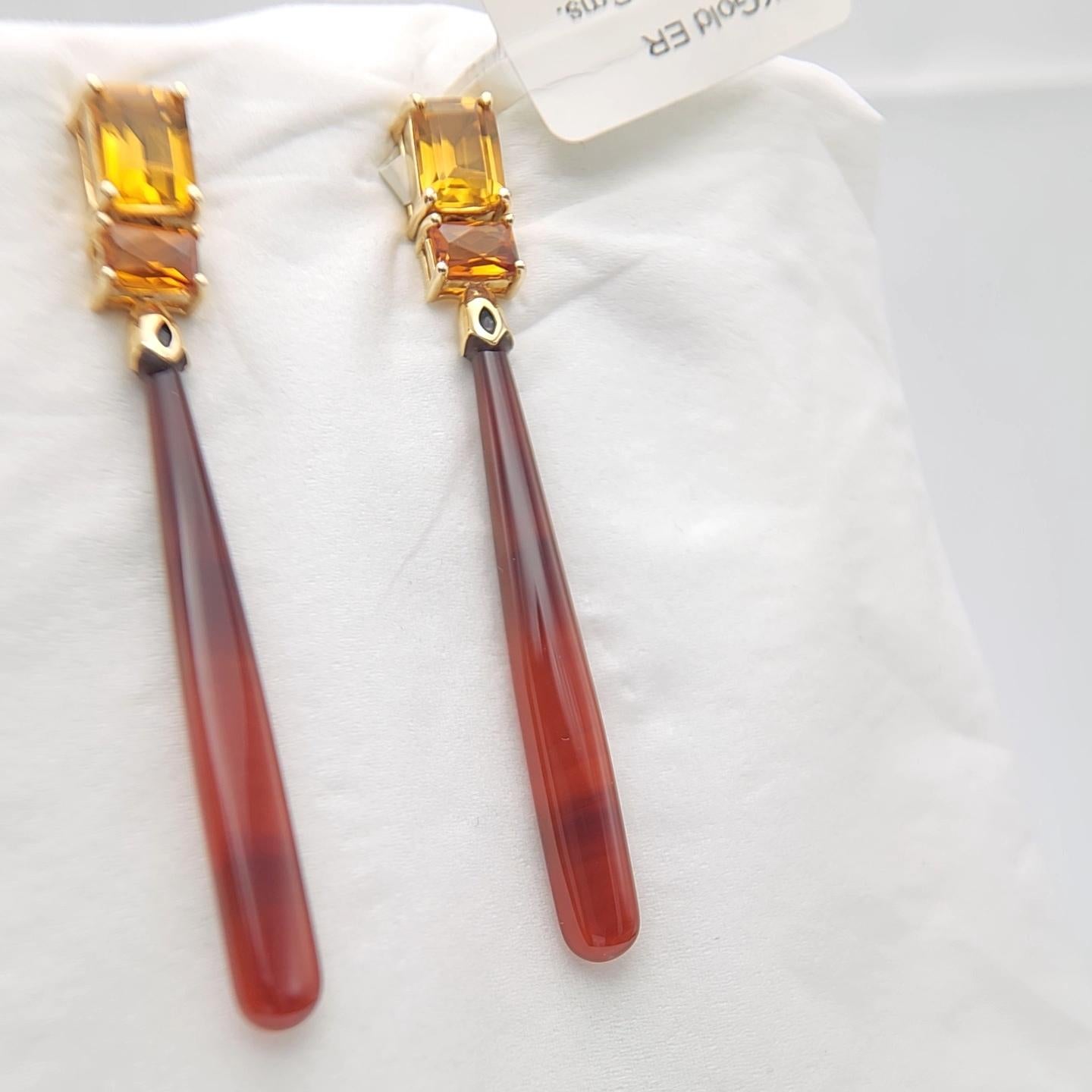 14K Yellow Gold Red Onyx and Citrine Earring. For Sale 4