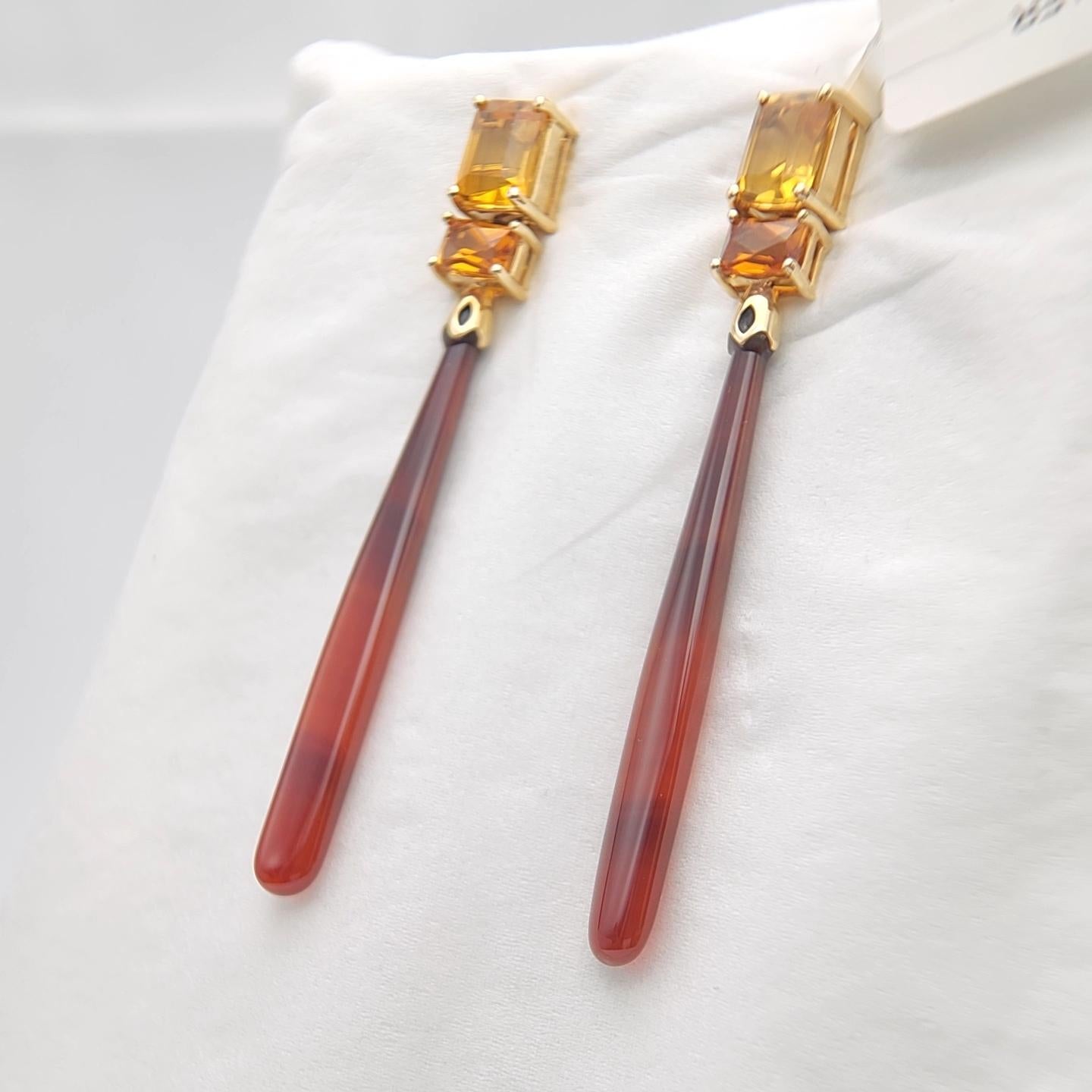 14K Yellow Gold Red Onyx and Citrine Earring. For Sale 6