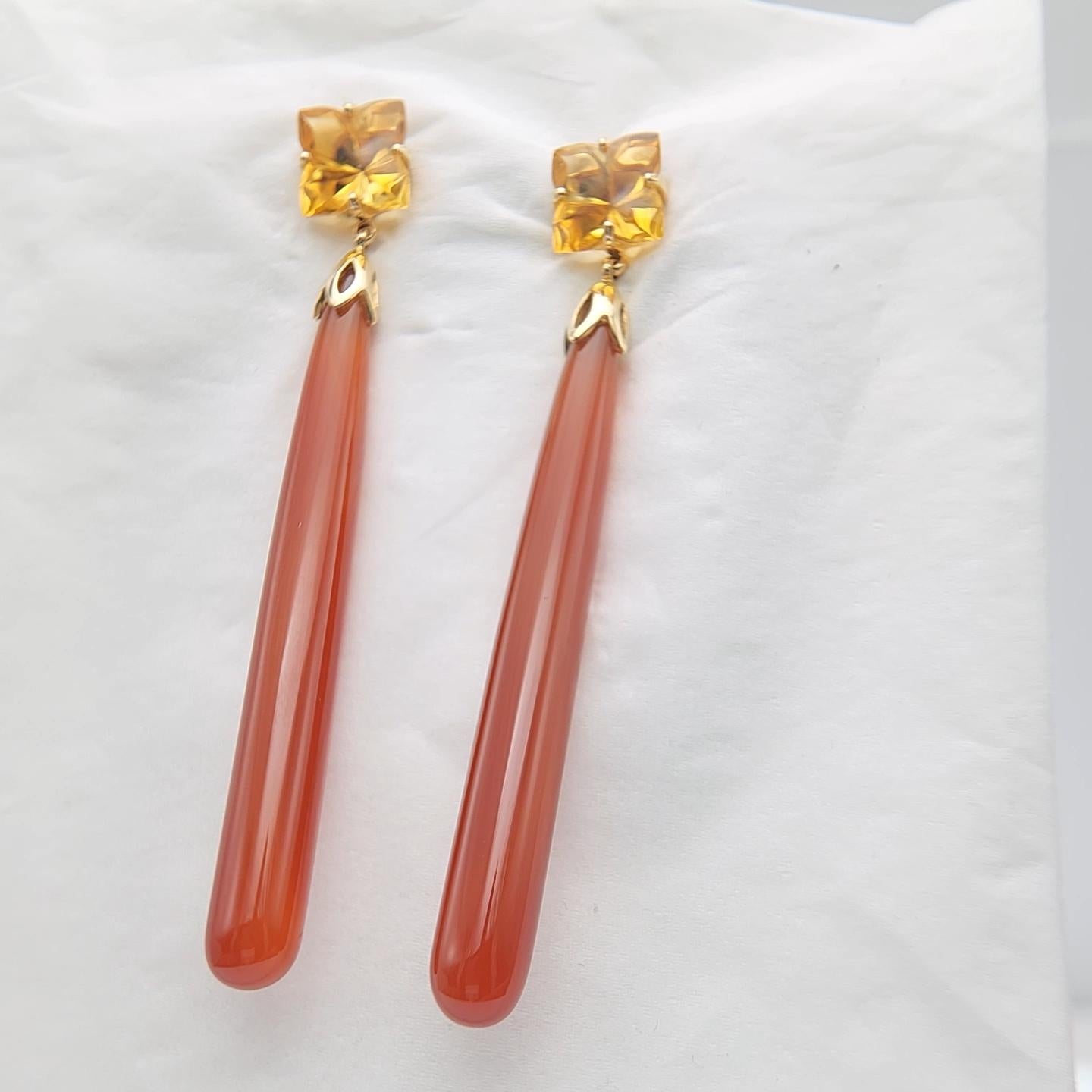 14K Yellow Gold Red Onyx and Citrine Earring. For Sale 7