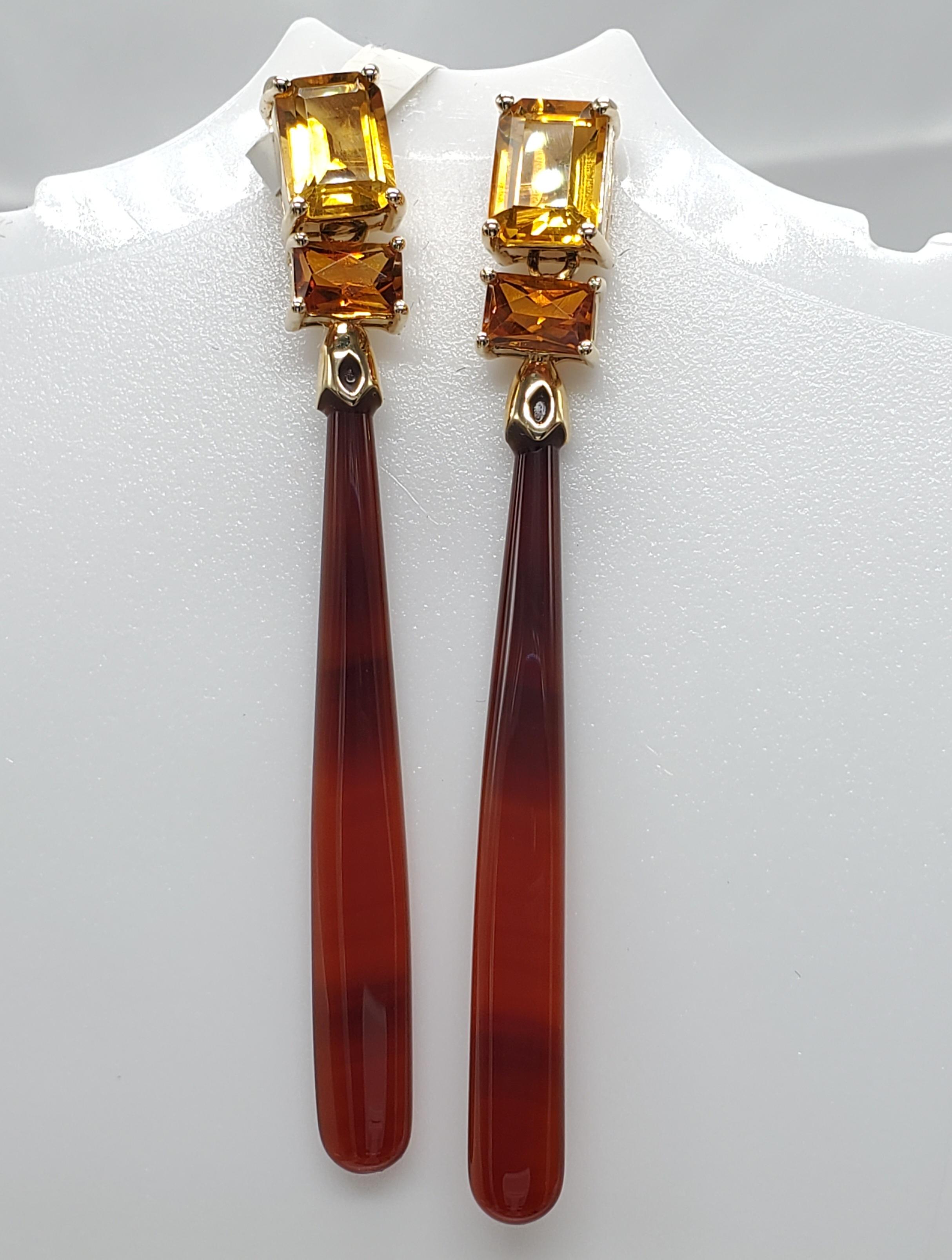 14K Yellow Gold Red Onyx and Citrine Earring. For Sale 7