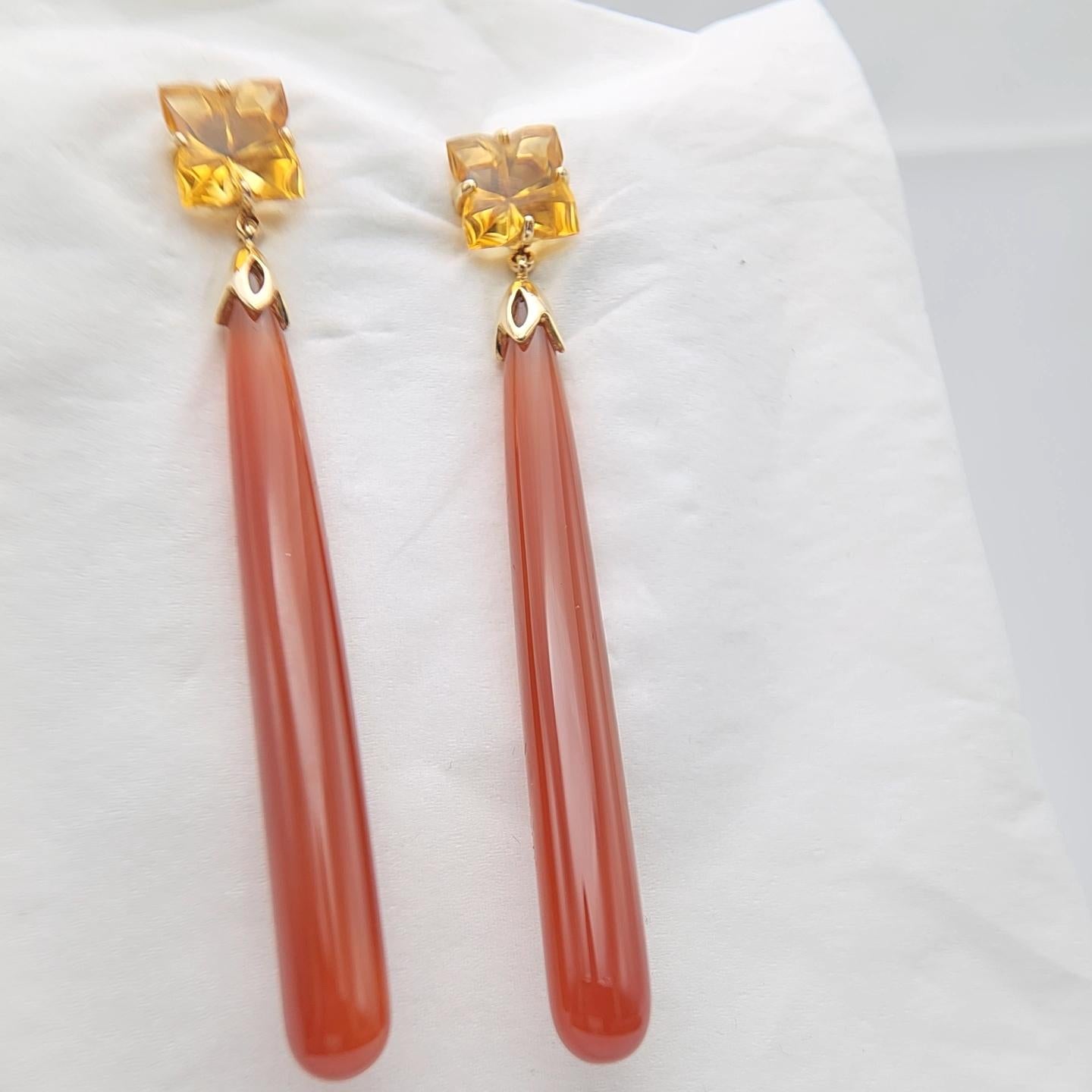 14K Yellow Gold Red Onyx and Citrine Earring. For Sale 8