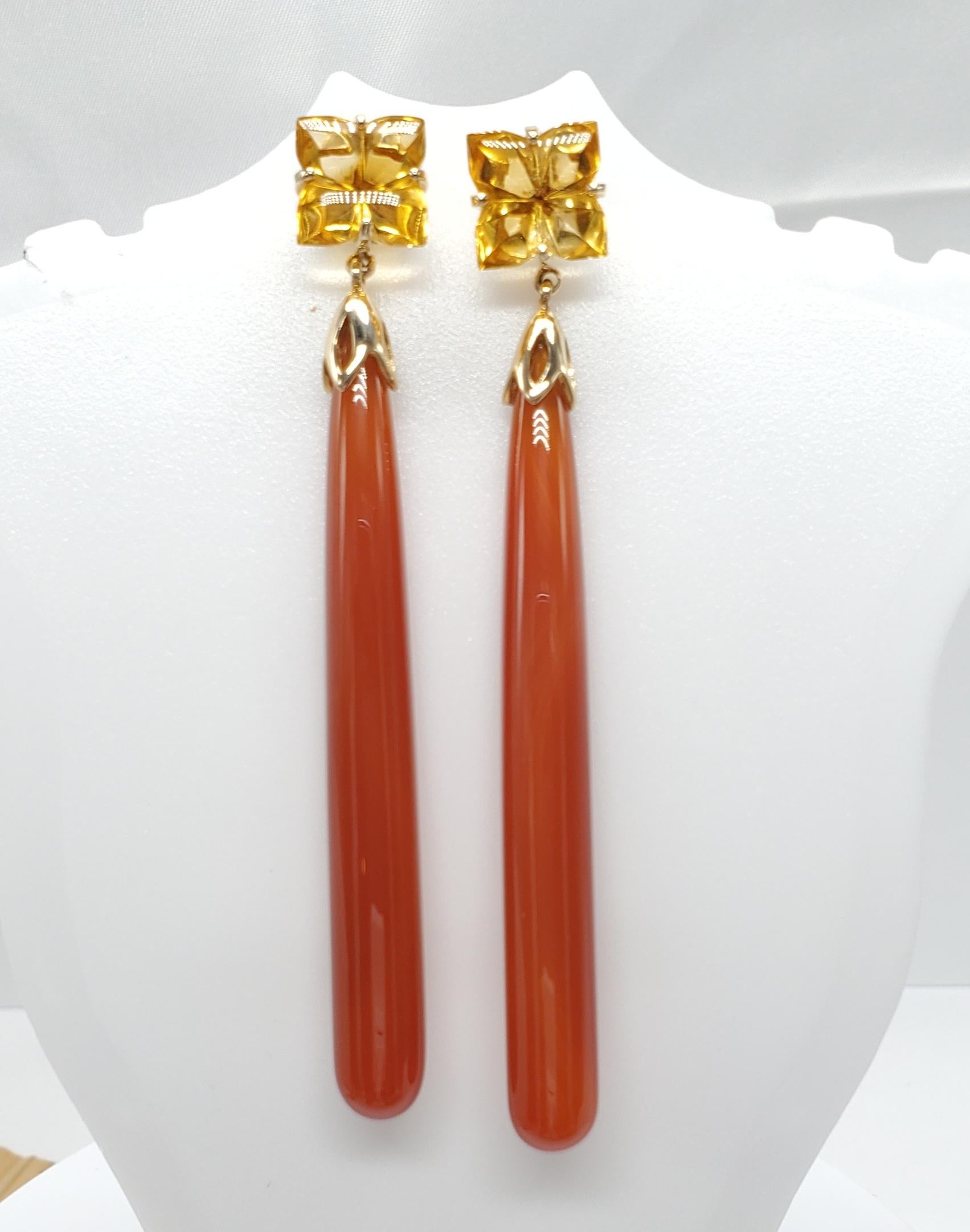 Artisan 14K Yellow Gold Red Onyx and Citrine Earring. For Sale