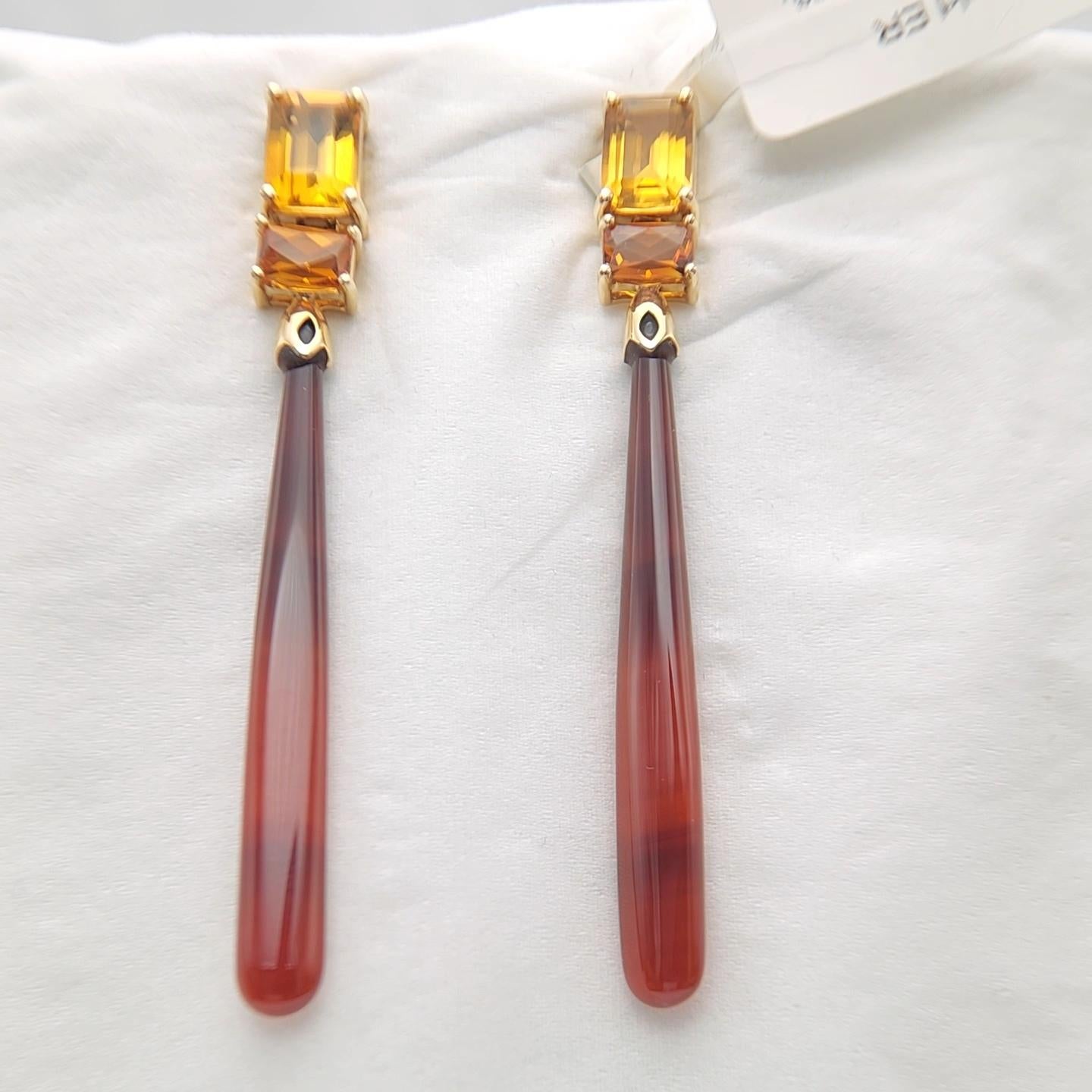 Briolette Cut 14K Yellow Gold Red Onyx and Citrine Earring. For Sale