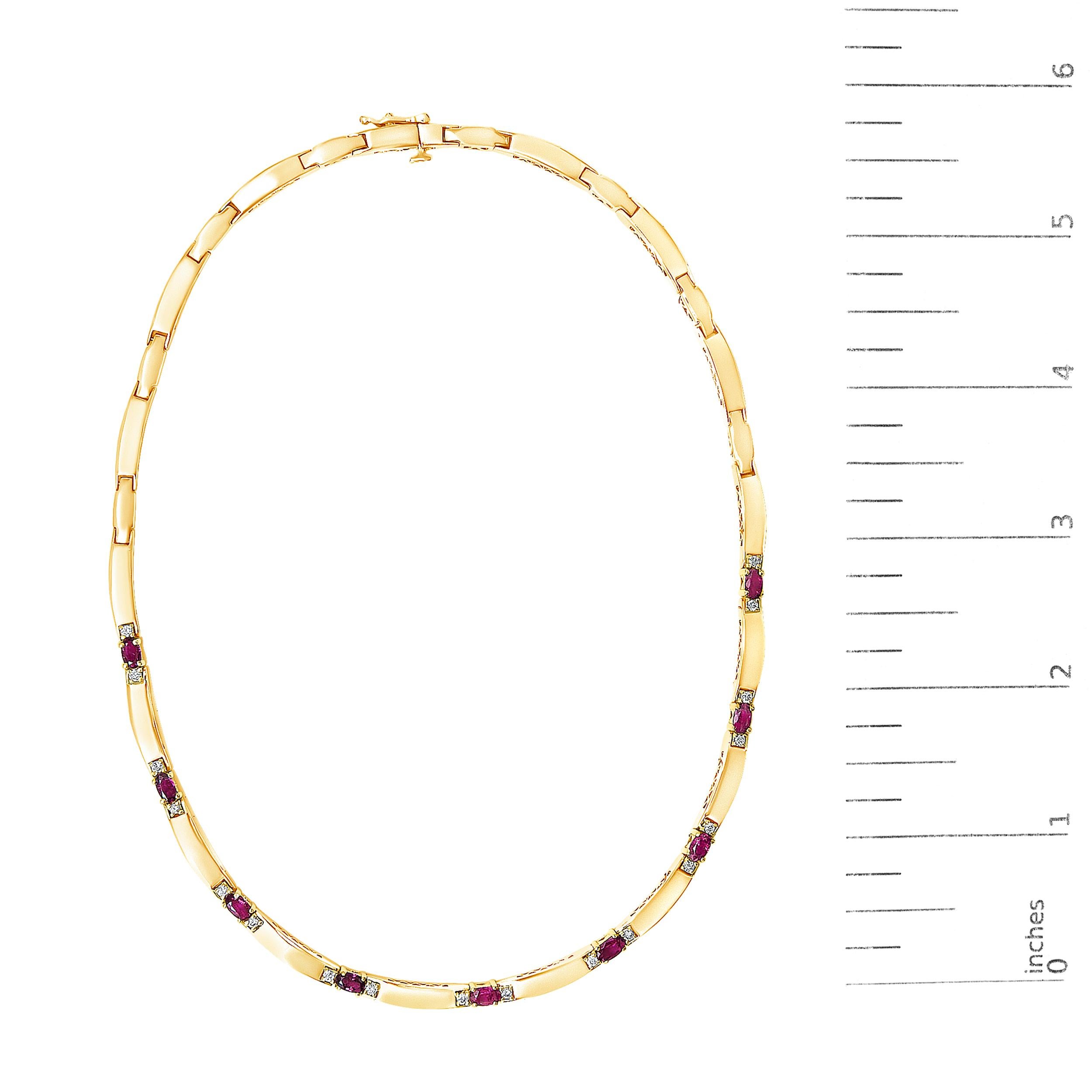 Envelop your neckline in a cascade of opulence with this exquisite necklace, artfully crafted in lustrous 14K yellow gold. Each link in this masterpiece alternates between mesmerizing oval-shaped, heat-treated rubies and pristinely cut diamonds. The