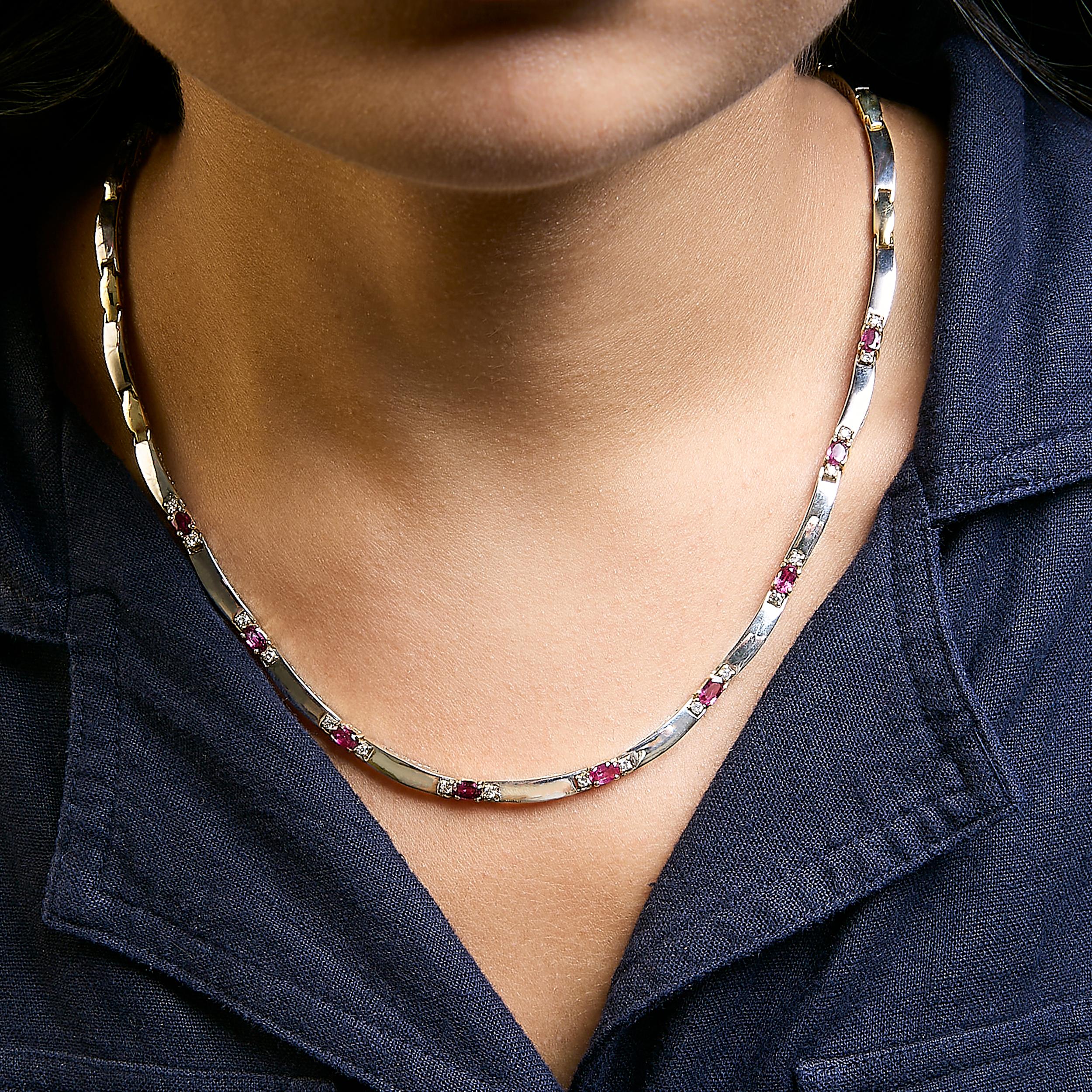 Modern 14K Yellow Gold Red Ruby and 3/8 Cttw Diamond Alternating Link Necklace For Sale