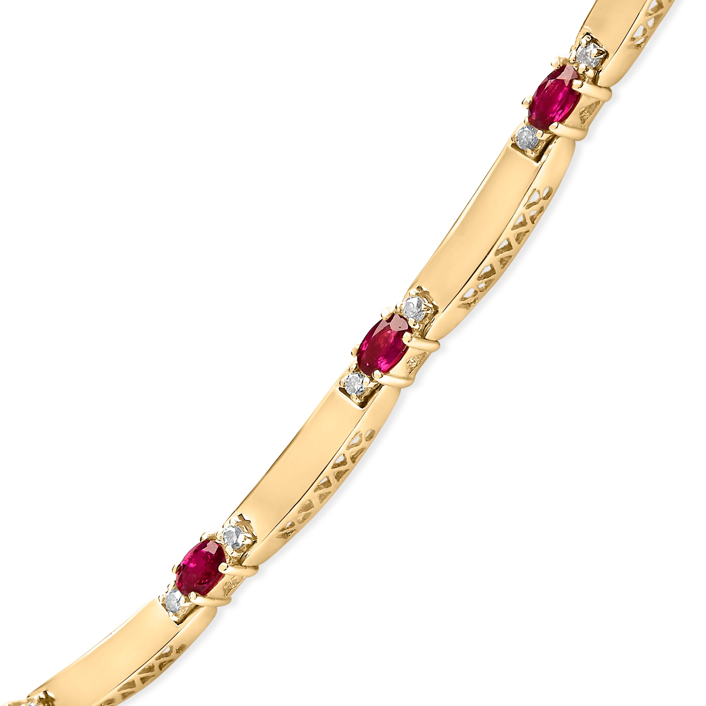 Oval Cut 14K Yellow Gold Red Ruby and 3/8 Cttw Diamond Alternating Link Necklace For Sale