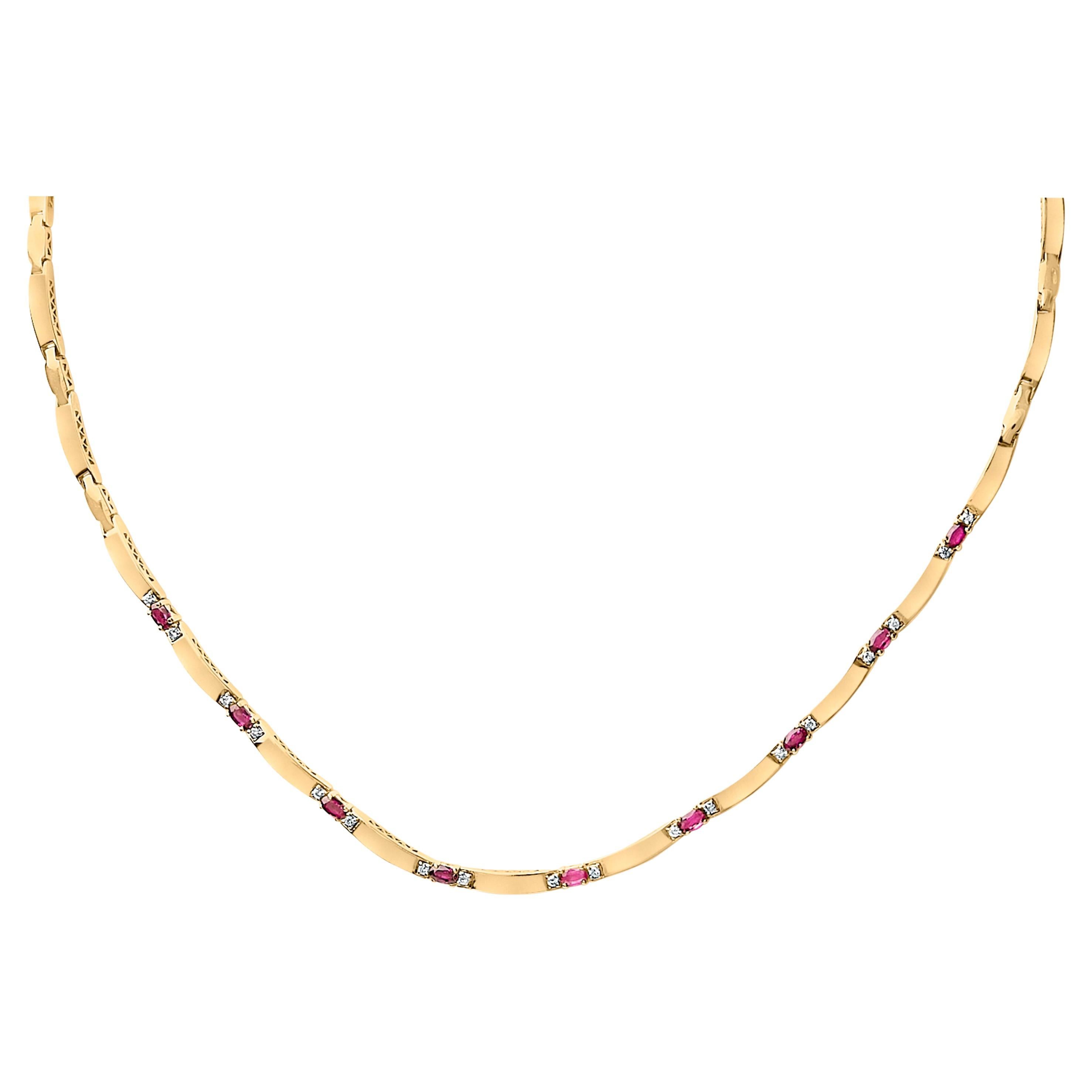 14K Yellow Gold Red Ruby and 3/8 Cttw Diamond Alternating Link Necklace For Sale