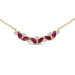 14K Yellow Gold Red Ruby and Diamond Trio Bar Line Necklace