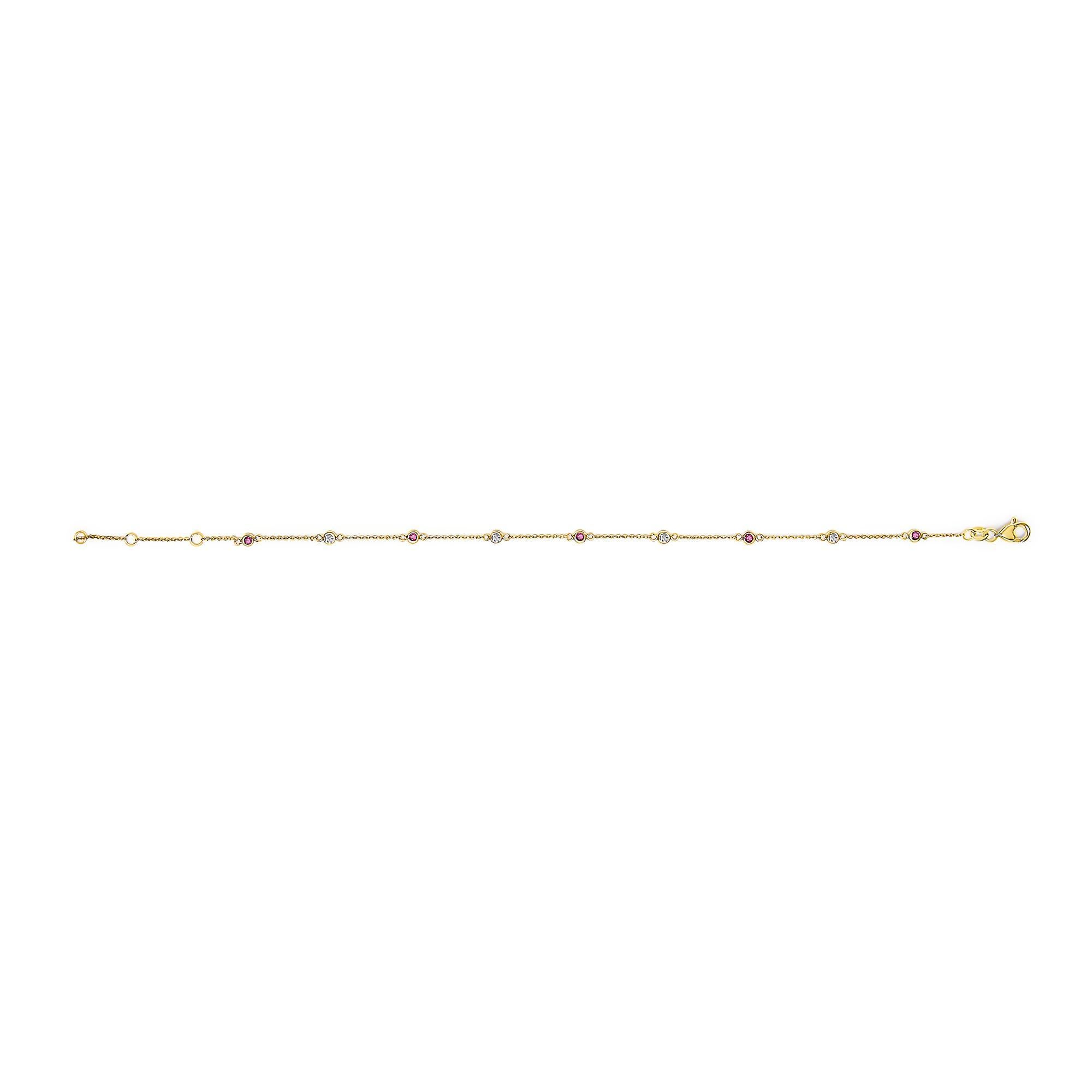 Modern 14K Yellow Gold Red Ruby and White Diamond Bezel Station Chain Bracelet For Sale