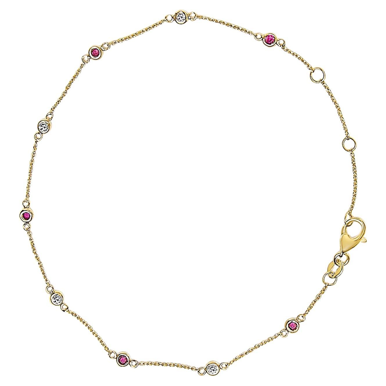 14K Gelbgold Rote Rubine und weiße Diamanten Lünette Station Kette Armband