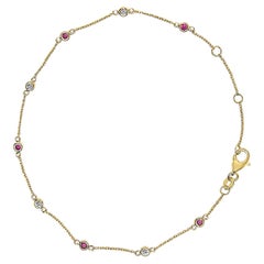 14K Yellow Gold Red Ruby and White Diamond Bezel Station Chain Bracelet
