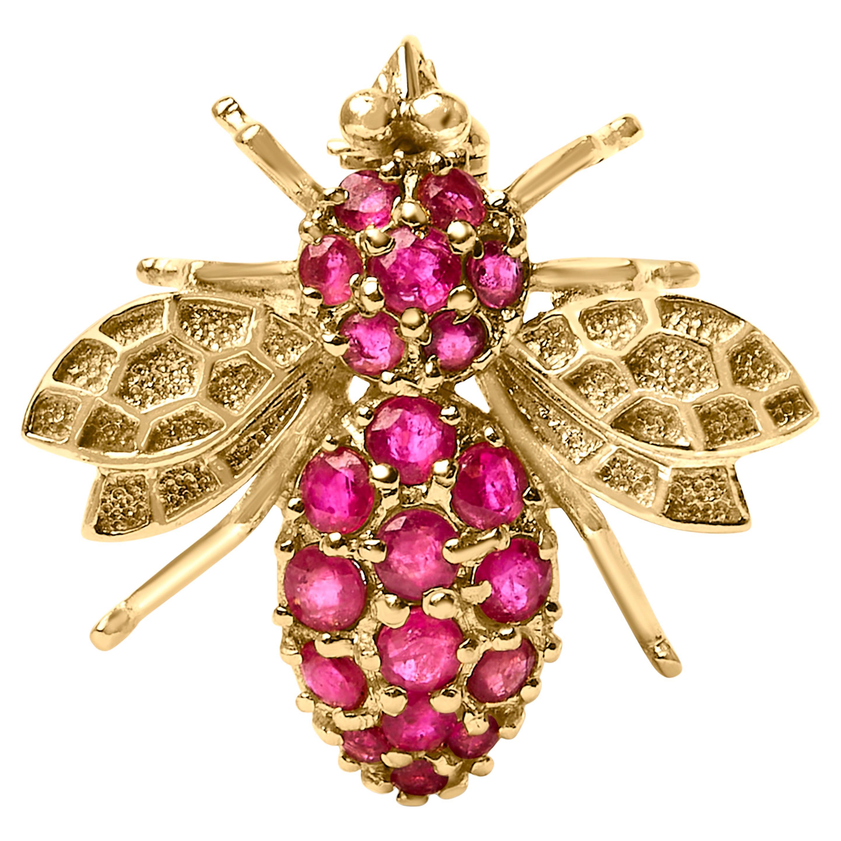 Or jaune 14K - Broche abeille en rubis rouge en vente