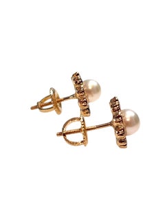 14K Yellow Gold Red Stones and Pearl Flower Earrings #25305