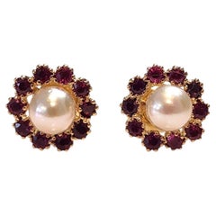 14K Yellow Gold Red Stones and Pearl Flower Earrings #25305