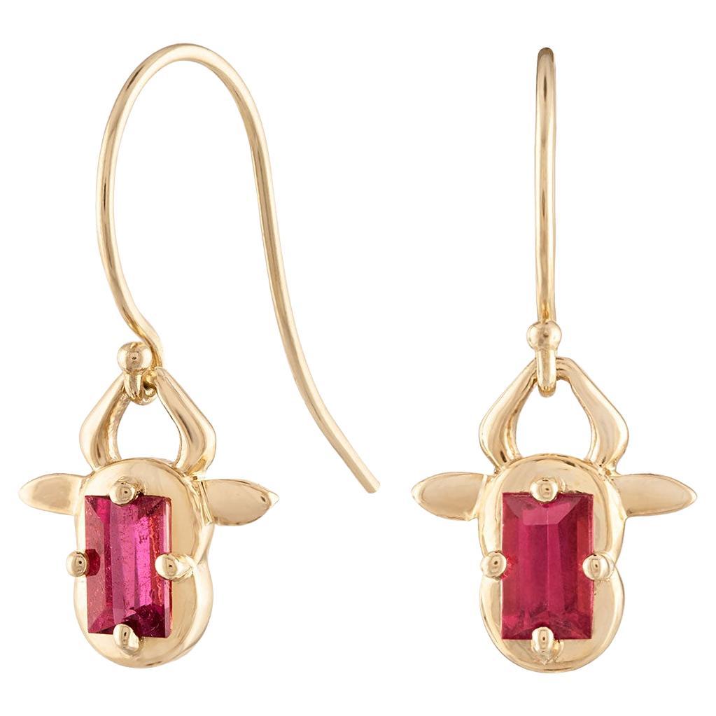 14k Yellow Gold Red Tourmaline Bull Ox Animal Earrings Baubou For Sale