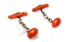 Boutons de manchette vintage faits main en or jaune 14 carats avec corail rouge non teint