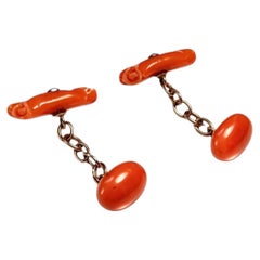Boutons de manchette vintage faits main en or jaune 14 carats avec corail rouge non teint