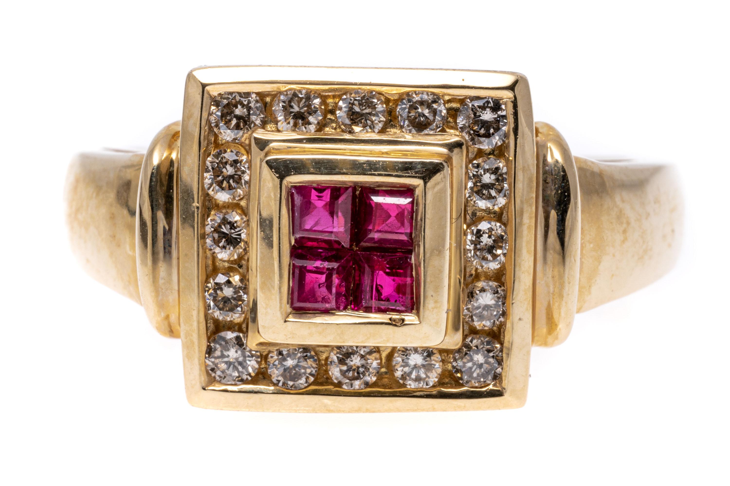 14k yellow gold ring. This handsome retro style ring is set with four square faceted, pinkish red color rubies, approximately 0.28 TCW, bezel set, and bordered with a frame of round faceted diamonds, approximately 0.16 TCW, also channel set. The