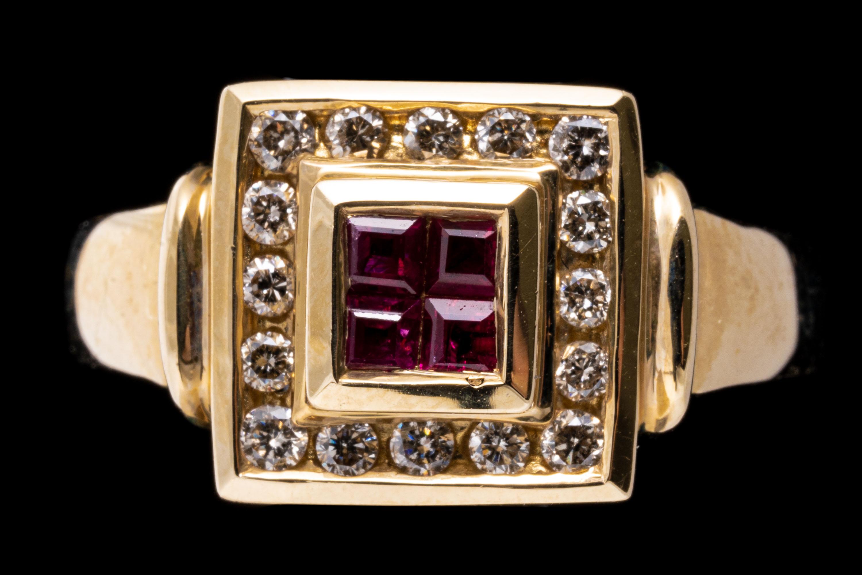 Square Cut 14k Yellow Gold Retro Bezel Square Ruby and Diamond Bordered Ring For Sale