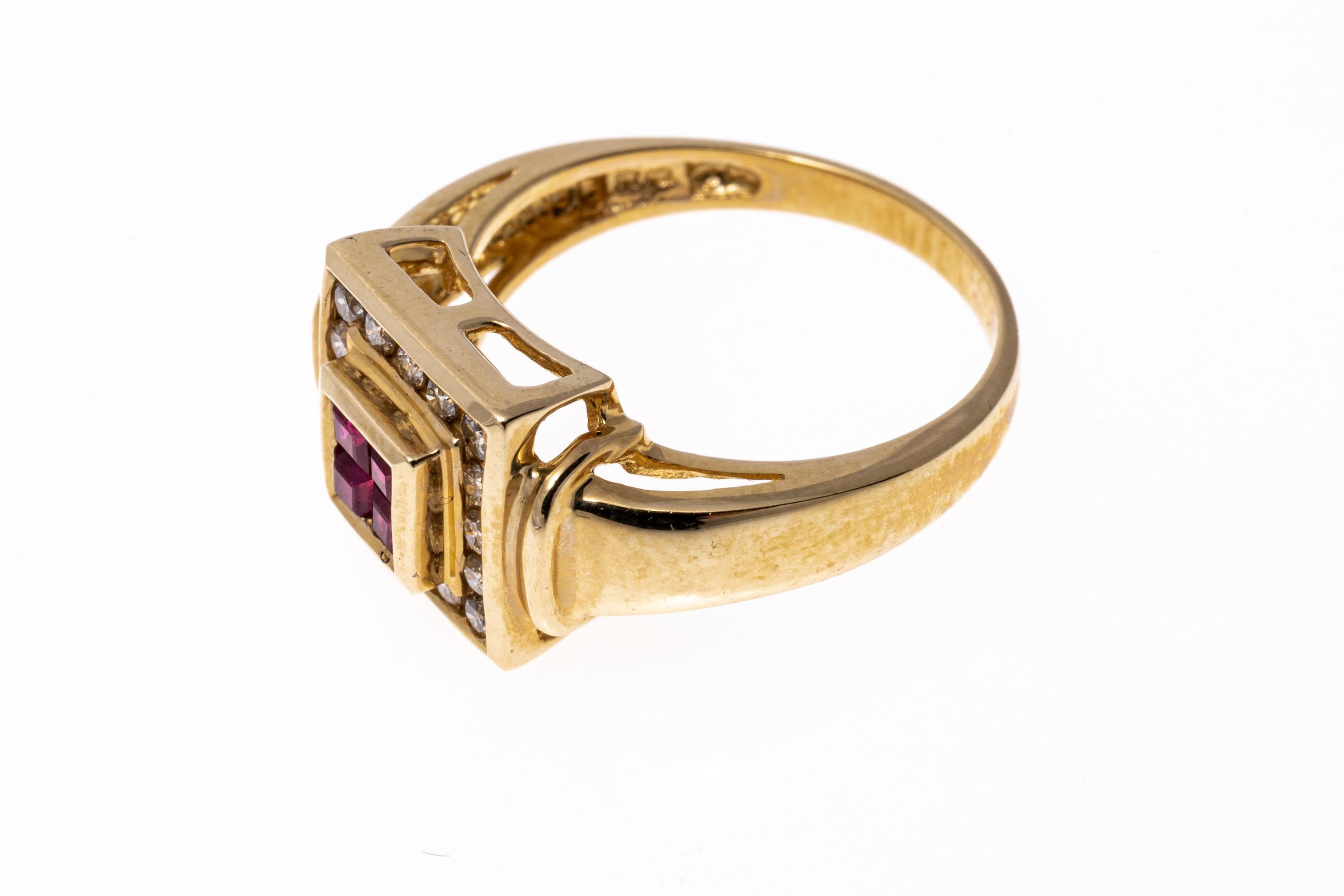 Women's 14k Yellow Gold Retro Bezel Square Ruby and Diamond Bordered Ring For Sale