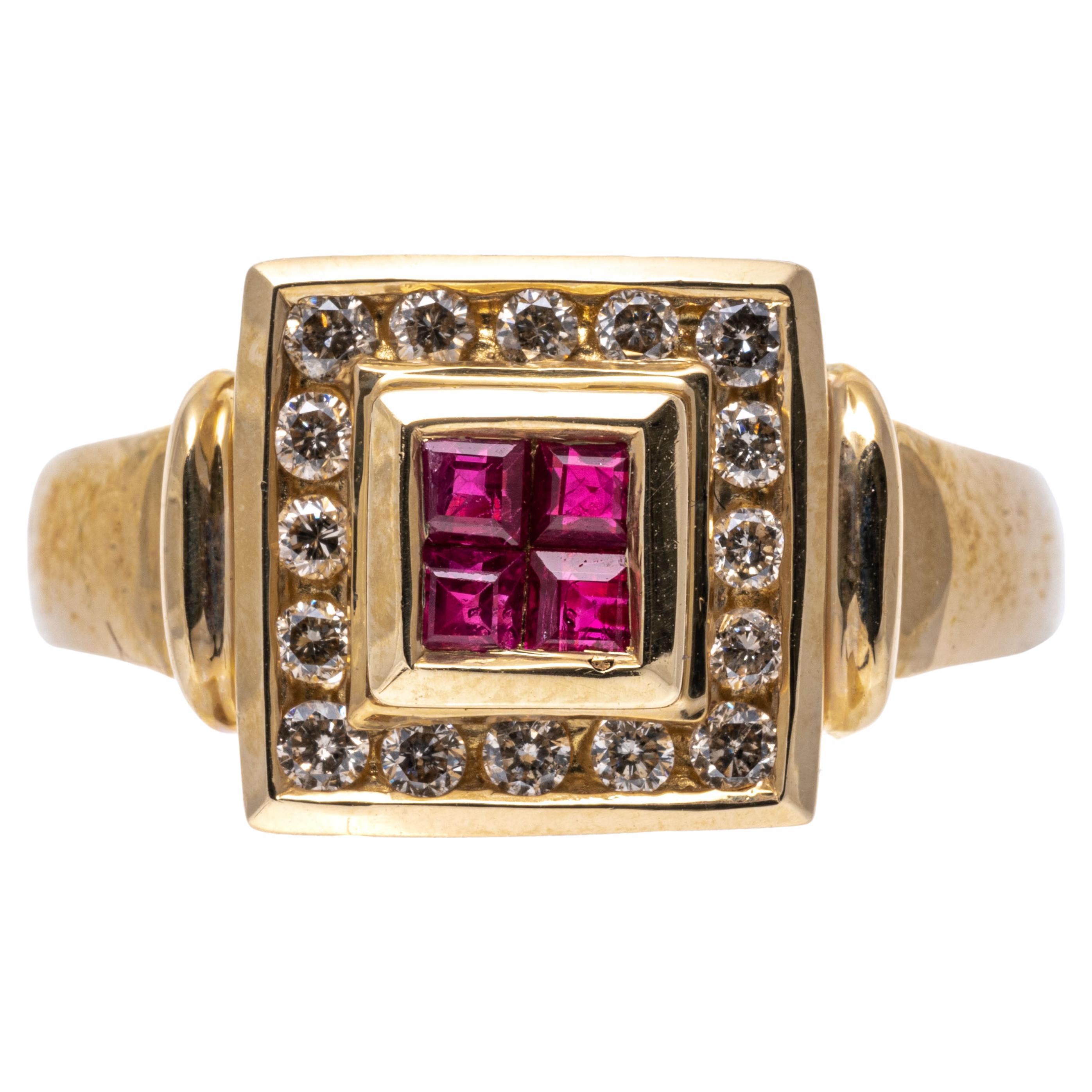 14k Yellow Gold Retro Bezel Square Ruby and Diamond Bordered Ring For Sale