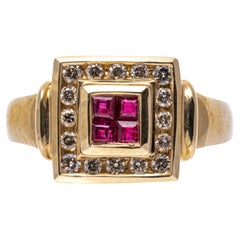 14k Yellow Gold Vintage Bezel Square Ruby and Diamond Bordered Ring