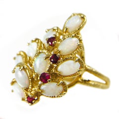 14K Yellow Gold Retro Opal Ruby Cocktail Ring, 1.30ctw Opals, USA