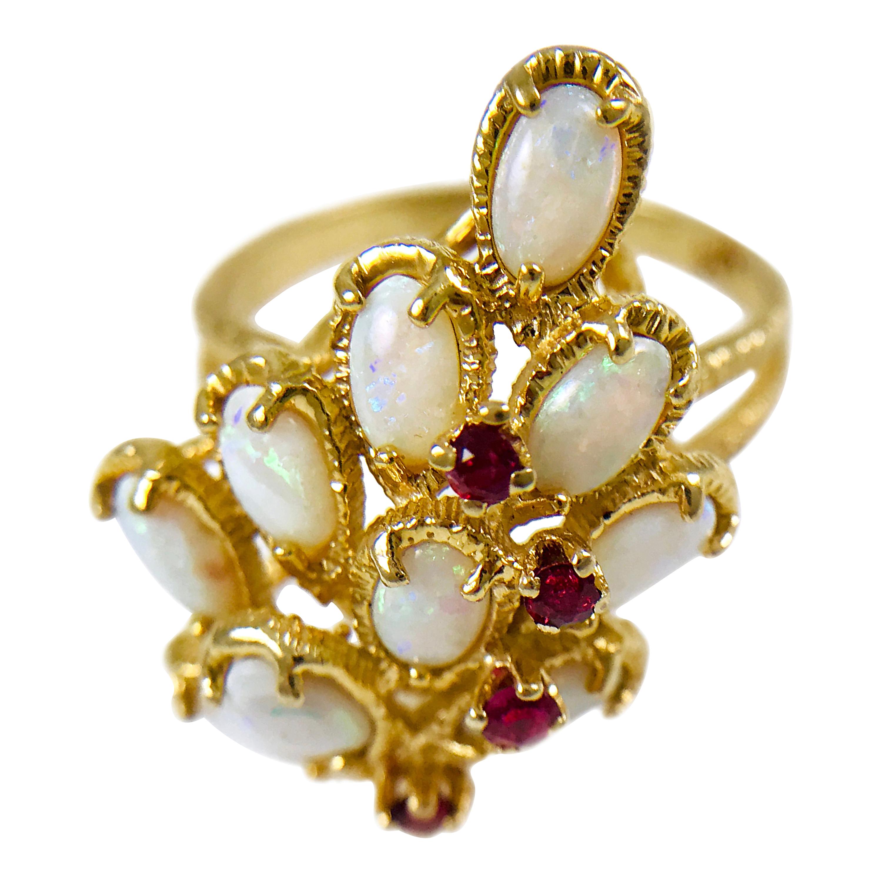 14K Yellow Gold Retro Opal Ruby Cocktail Ring, 1.30ctw Opals, USA