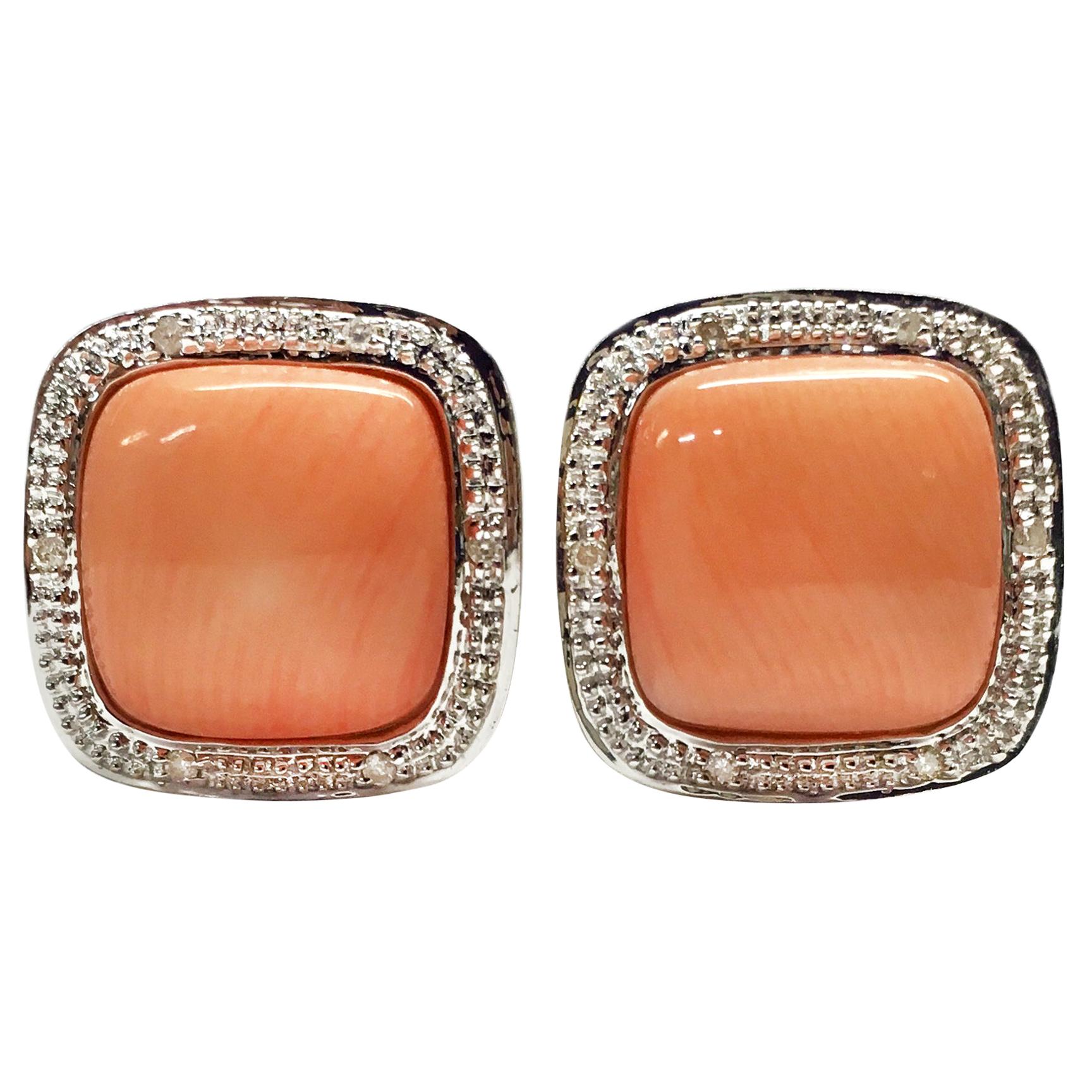 14K Gelbgold Retro Pink Coral Diamond Clip-On Ohrringe, USA, 1970er Jahre