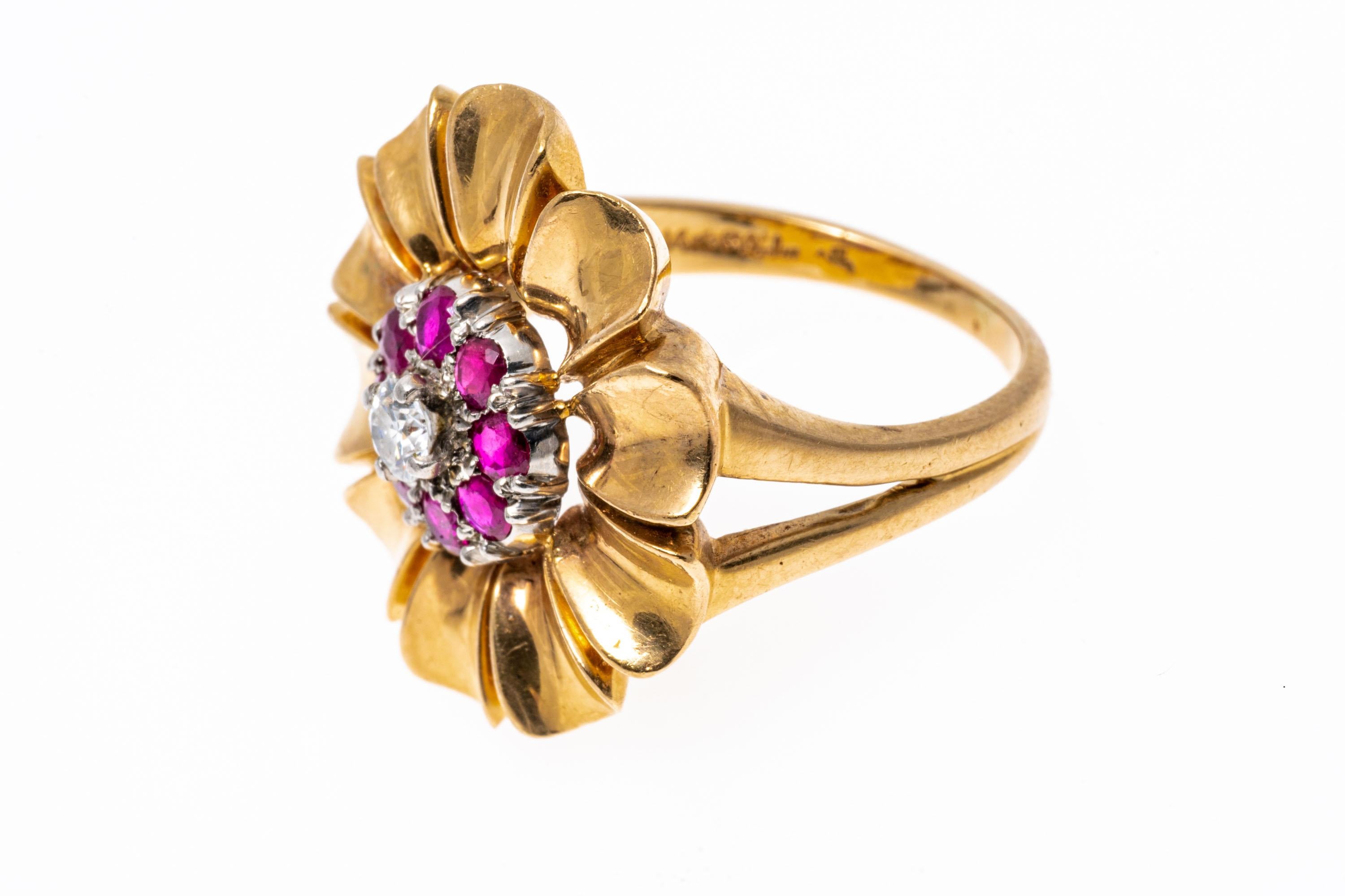 14k Yellow Gold Retro Ruby and Diamond Flower Motif Ring For Sale 1