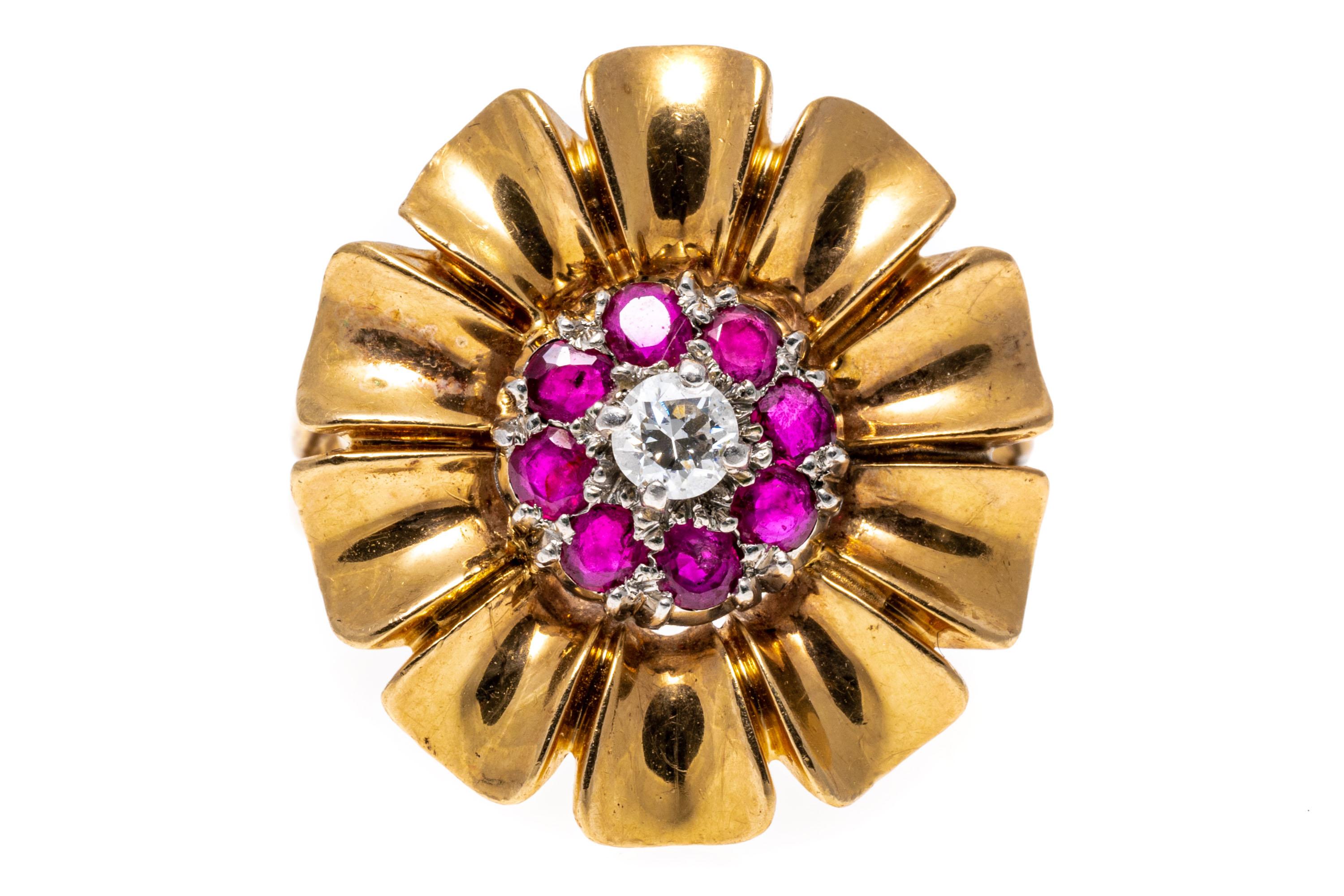 14k Yellow Gold Retro Ruby and Diamond Flower Motif Ring For Sale 2