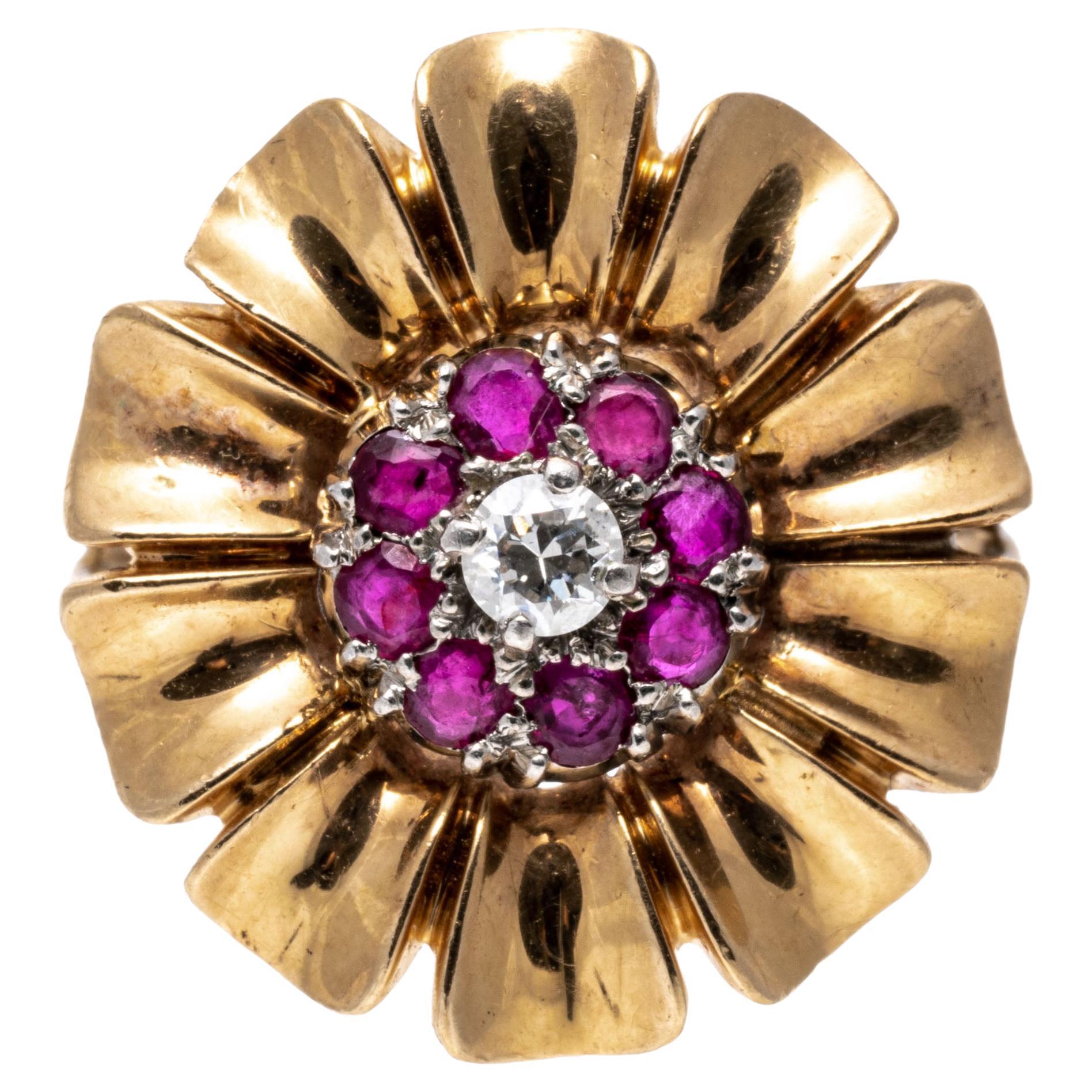 14k Yellow Gold Retro Ruby and Diamond Flower Motif Ring For Sale