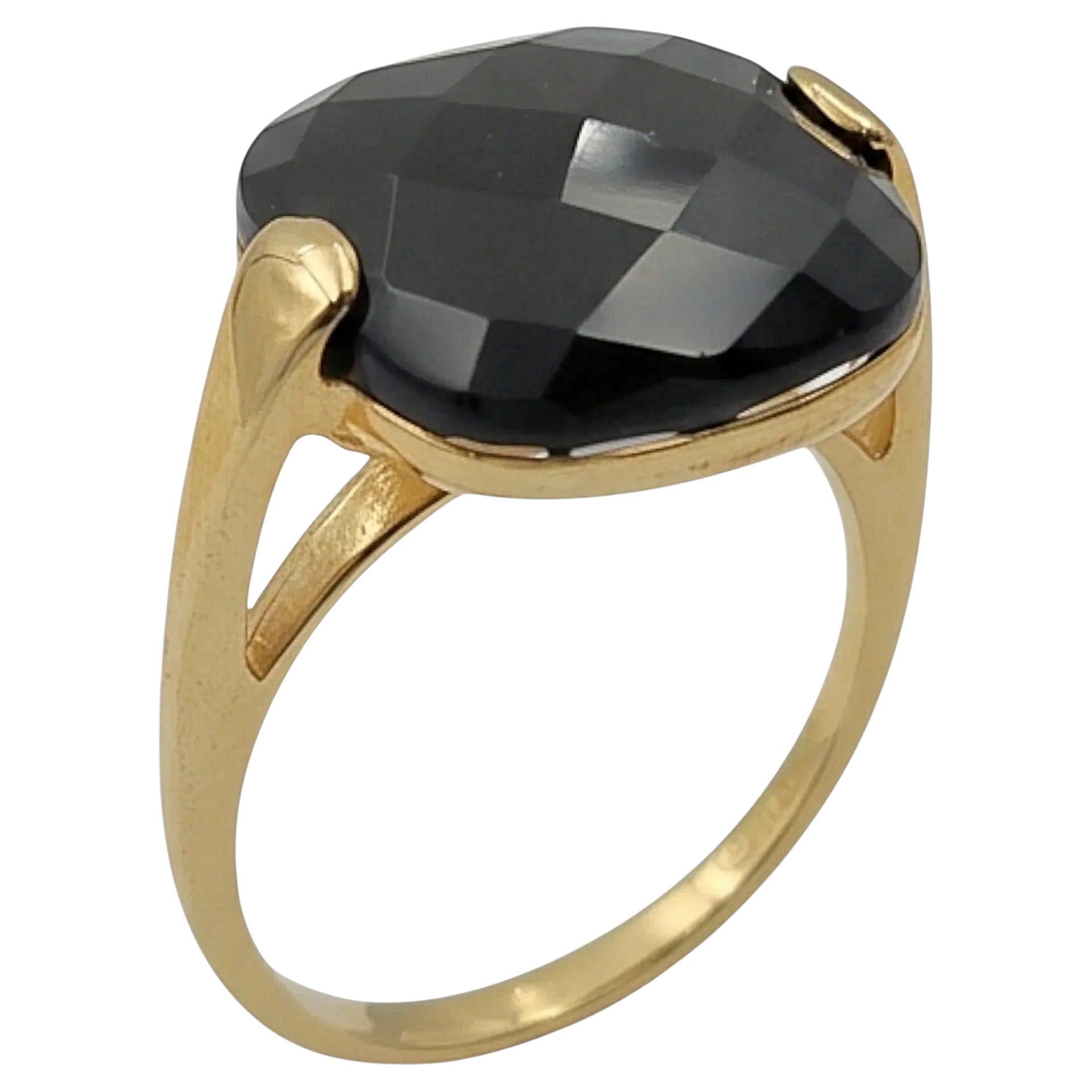 14K Gelbgold Retro-Stil Ring mit 14mm schwarzem Onyx. (Größe 7,25)