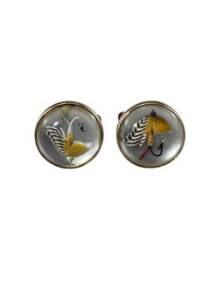 14K Yellow Gold Reverse Intaglio Fly Fishing Lure Cufflinks #25732