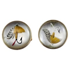 14K Yellow Gold Reverse Intaglio Fly Fishing Lure Cufflinks #25732