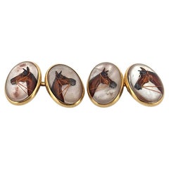 Gemelos de Oro Amarillo de 14 K Cristal de Cuarzo Revertido Caballo Pintado