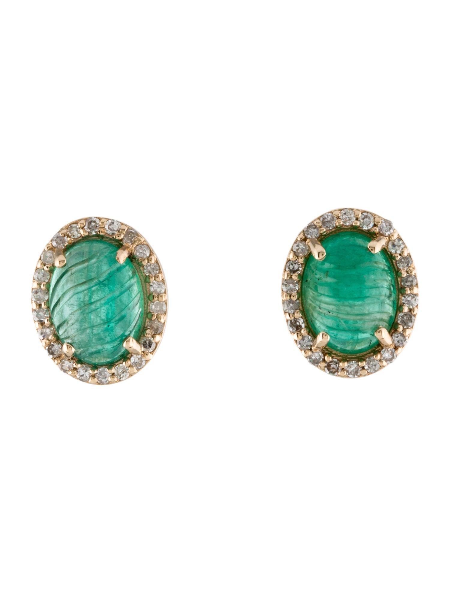 Discover the enchanting allure of our Rhodium-Plated 14K Yellow Gold Stud Earrings, featuring uniquely carved Cabochon Emeralds complemented by a halo of near colorless diamonds. These exquisite earrings blend timeless elegance with modern