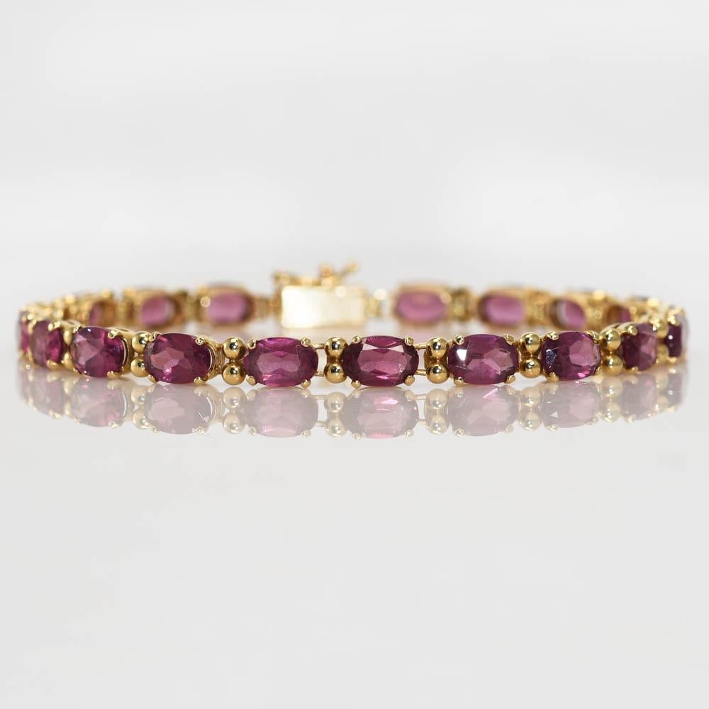 14K Gelbgold Rhodolith-Granat-Armband, 7g im Zustand „Hervorragend“ in Laguna Beach, CA