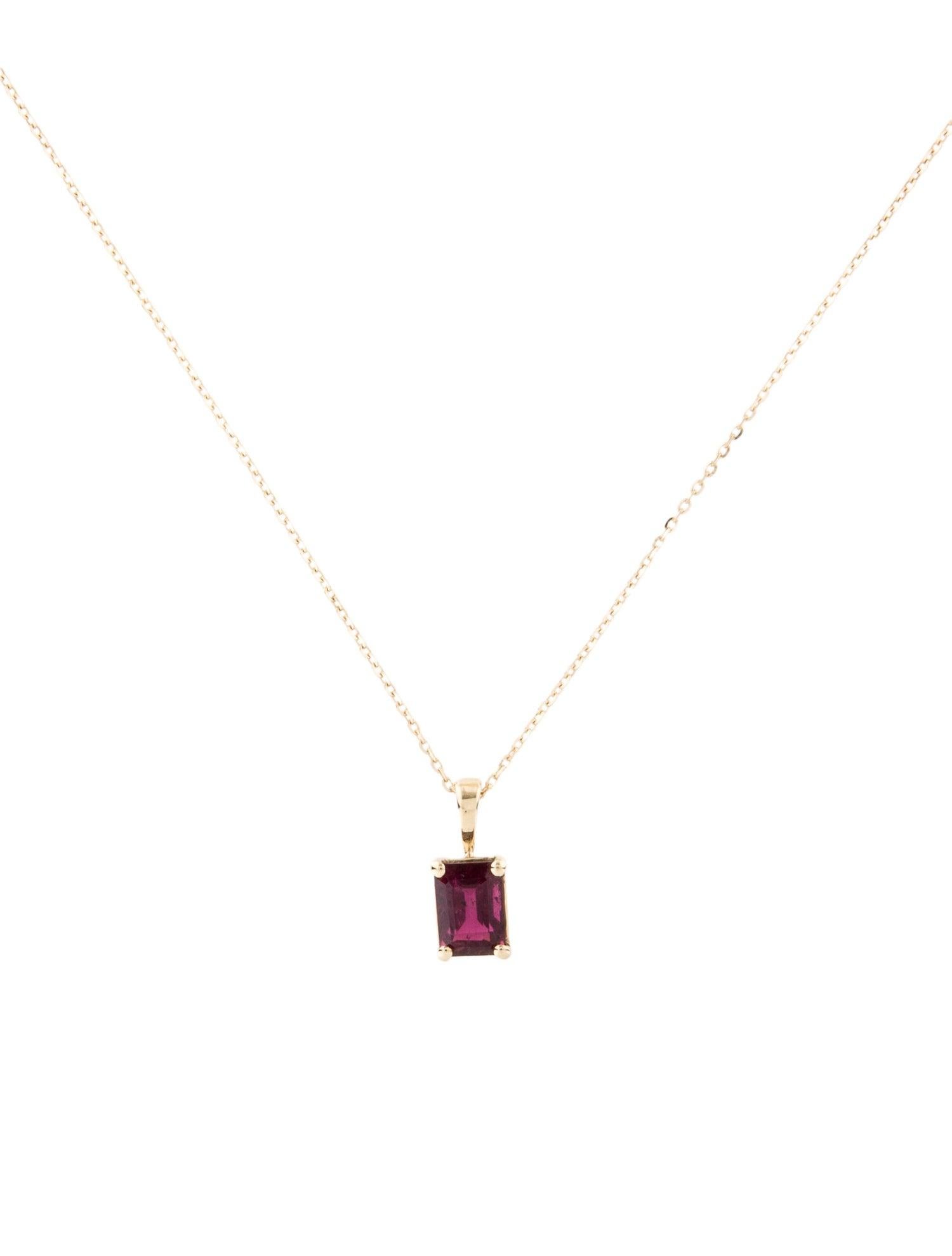 Presenting our stunning 14K Yellow Gold Rhodolite Pendant Necklace, featuring a 1.07 carat cut cornered rectangular step cut Rhodolite. This fine jewelry piece combines the warmth of 14K yellow gold with the unique allure of a red and pink