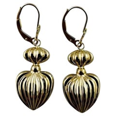 14K Yellow Gold Ribbed Dangle Ornate Heart Earrings #20682