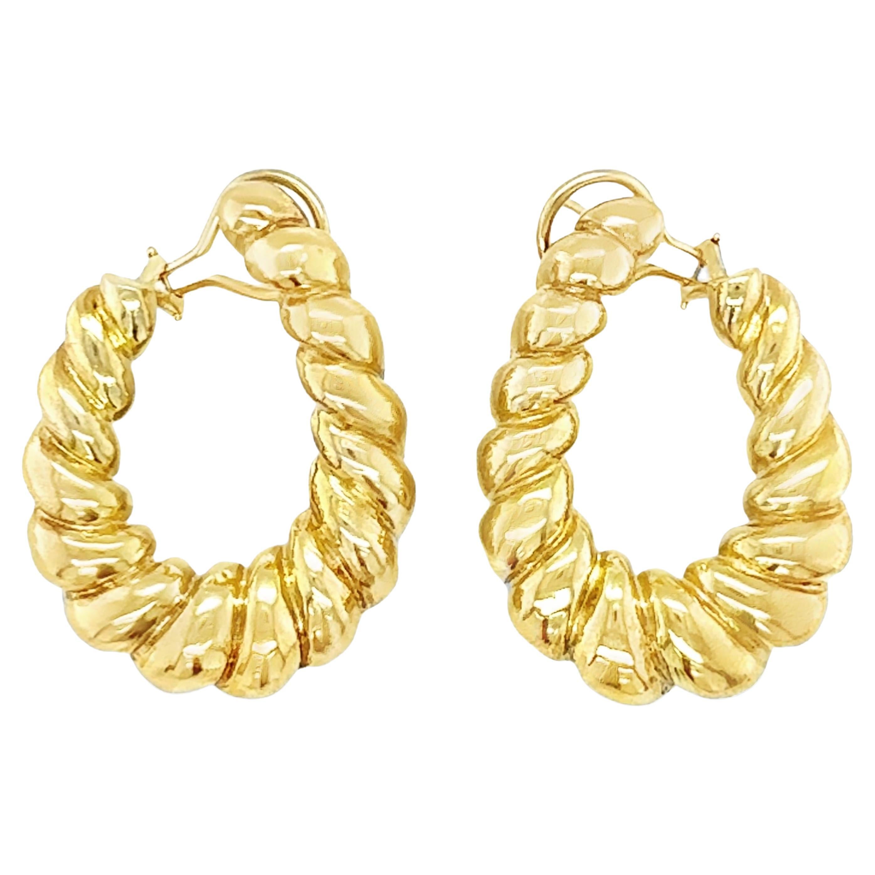 14k Yellow Gold Ribbed Hoop Earrings