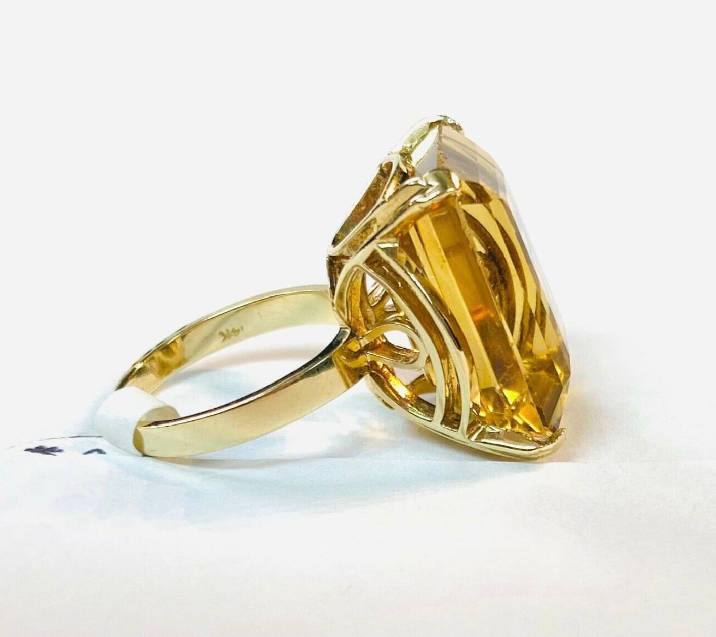 Women's 14K Yellow Gold Ring 15 Carat Emerald Cut Citrine For Sale