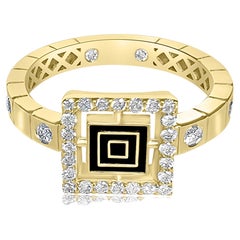 14K Yellow Gold Ring Black Enamel Square