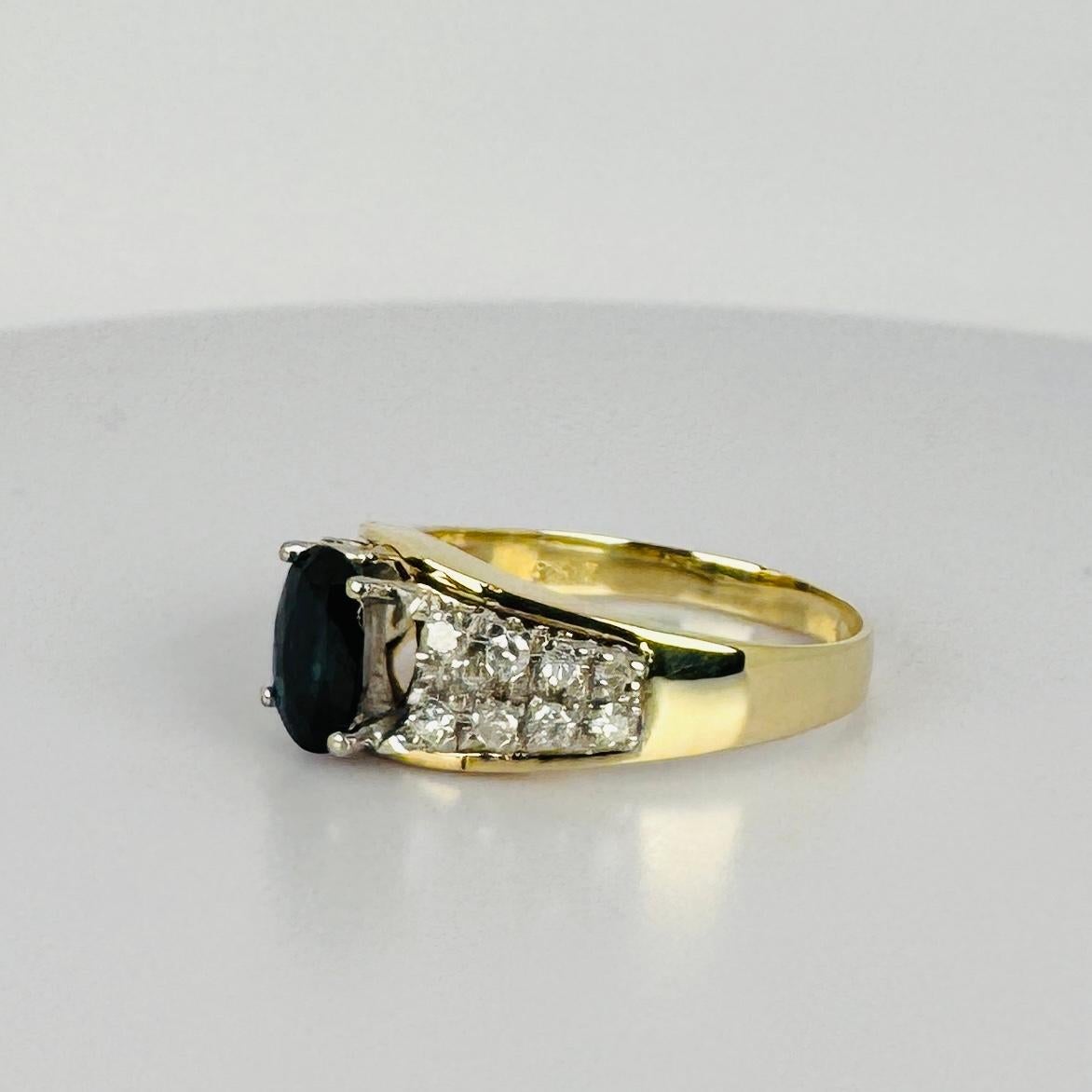 Women's 14k yellow gold ring oval blue sapphire 0.4 ct diamonds brilliant cut 0.16 ct