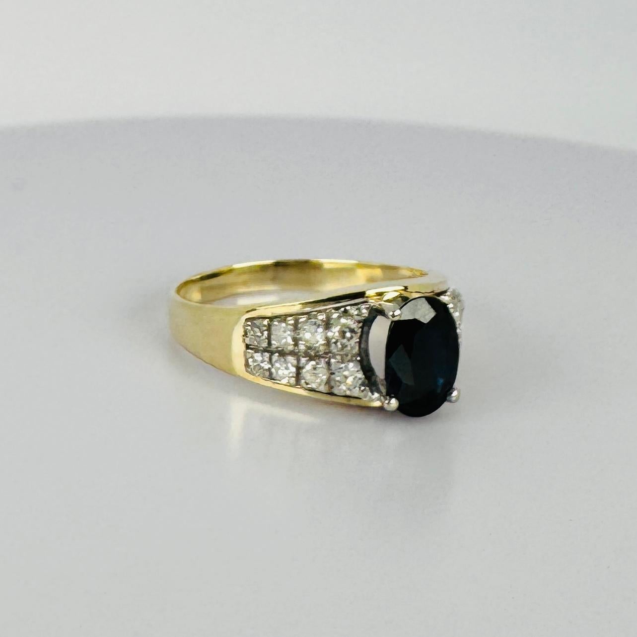 14k yellow gold ring oval blue sapphire 0.4 ct diamonds brilliant cut 0.16 ct 3