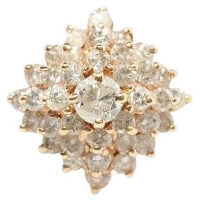 14k Yellow Gold Ring. Round Diamond Cluster Ring. Waterfall diamond.