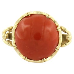 Anello in oro giallo 14k con corallo incastonato - 5,1 grammi - misura U.S. 6 EU. 16.5(52)