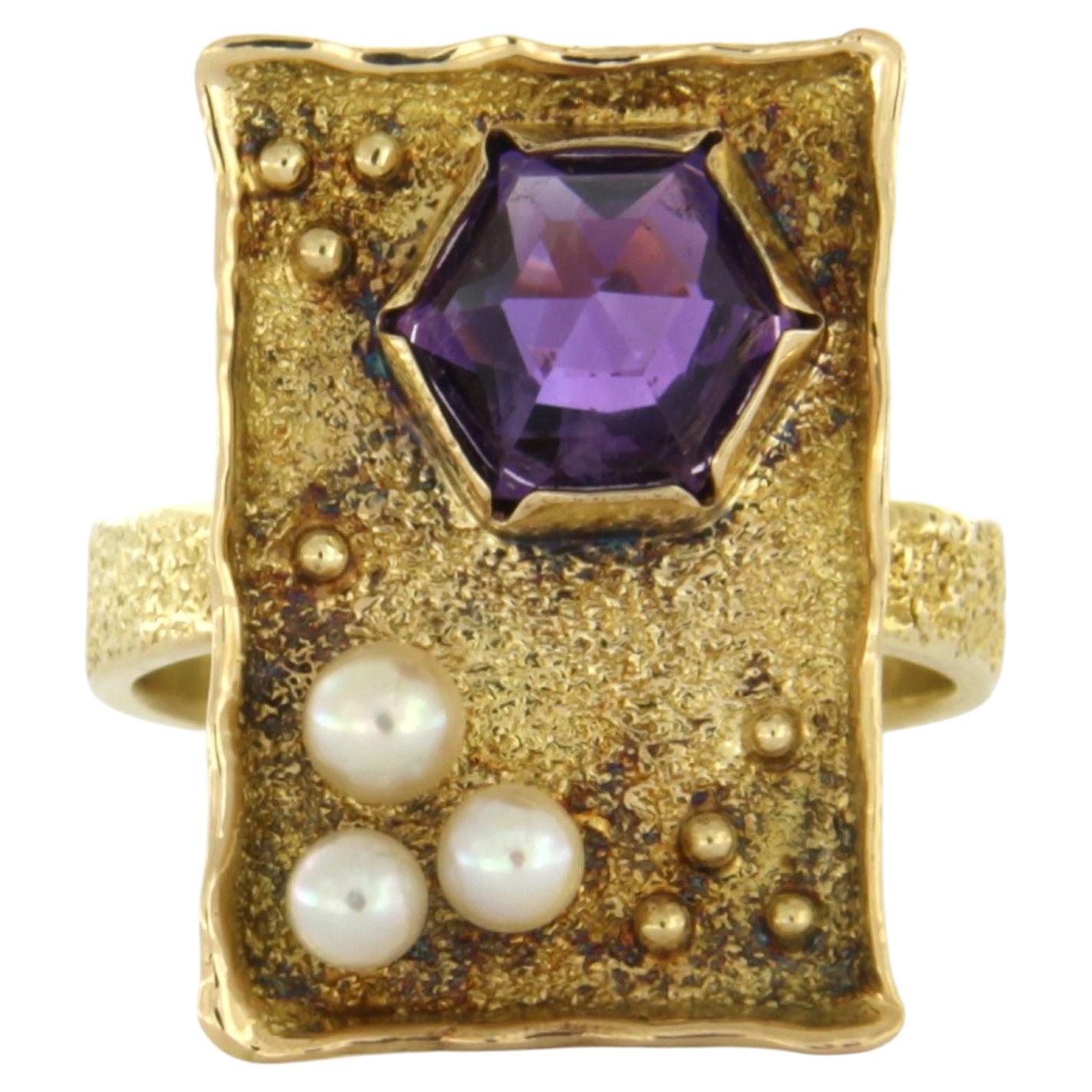 14k yellow gold ring set with pearls and amethyst – ring size US 6.5 - EU 17(53)